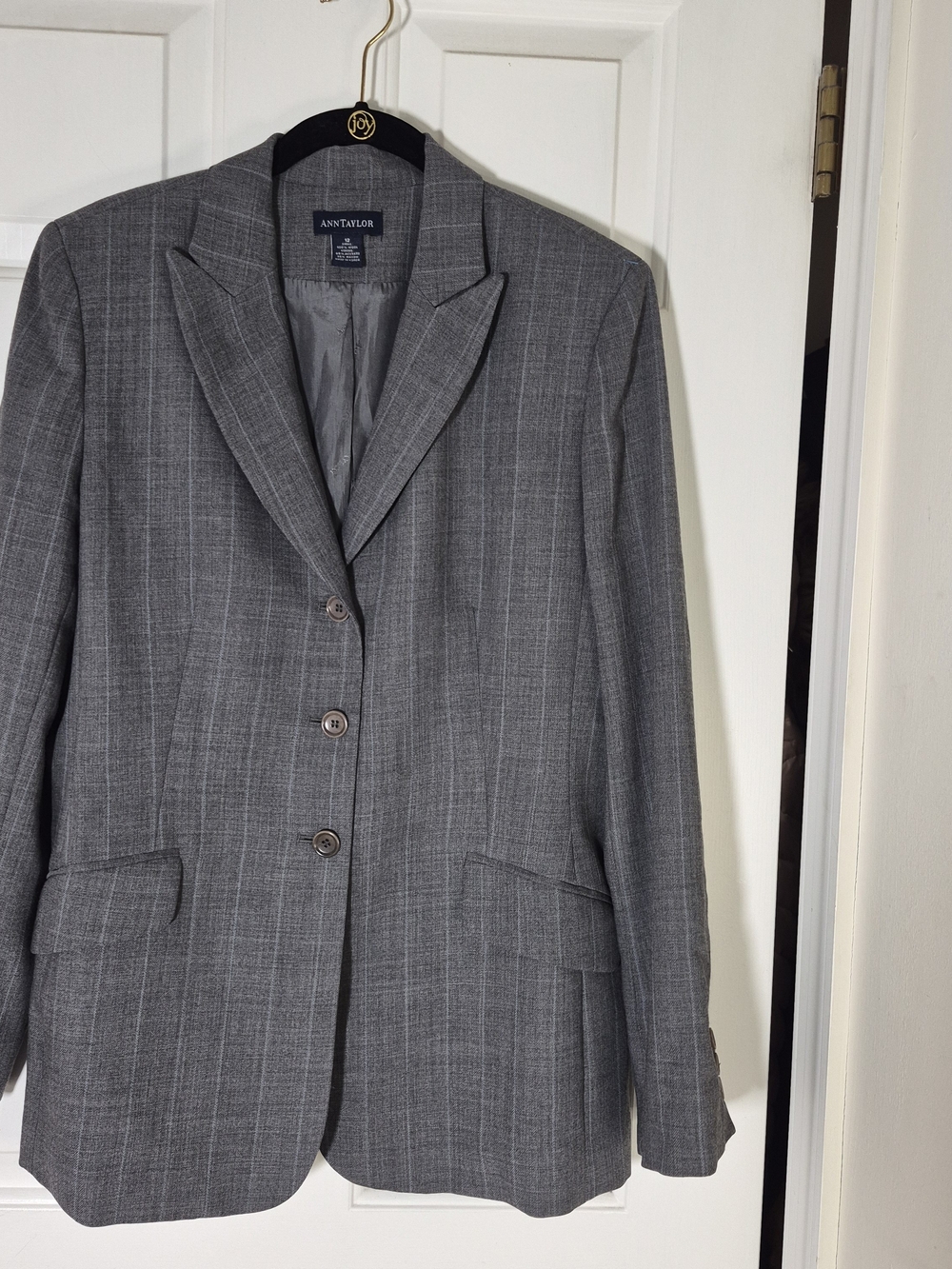 Ann Taylor Gray Windowpane Wool Blazer with Notched Lapel